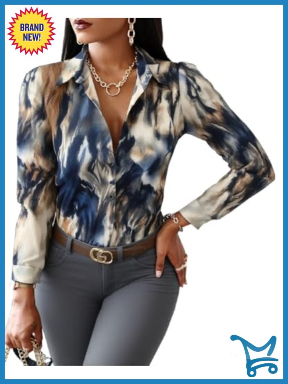 Print Button Down Blouse Long Sleeve Collared Shirt Casual Top